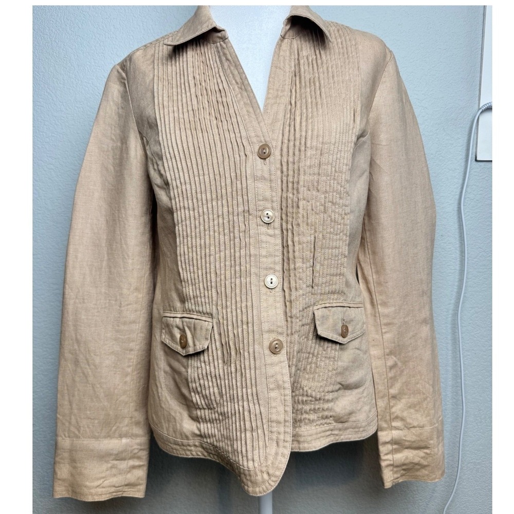 Jones New York Collection 100% Linen Jacket Blazer Pleated Front Tan Womens 8